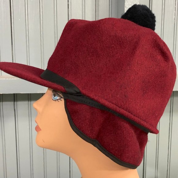 Wool 7 7/8 Pom Scotch Winter Hat Ear Flaps Langenberg Made USA - Picture 1 of 9